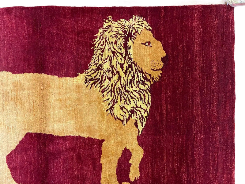 3.5 X 5 Handmade Rug Vintage New Rug Quality Wool Lion Red Veggy Dyes Pictorial by Jewel Rugs