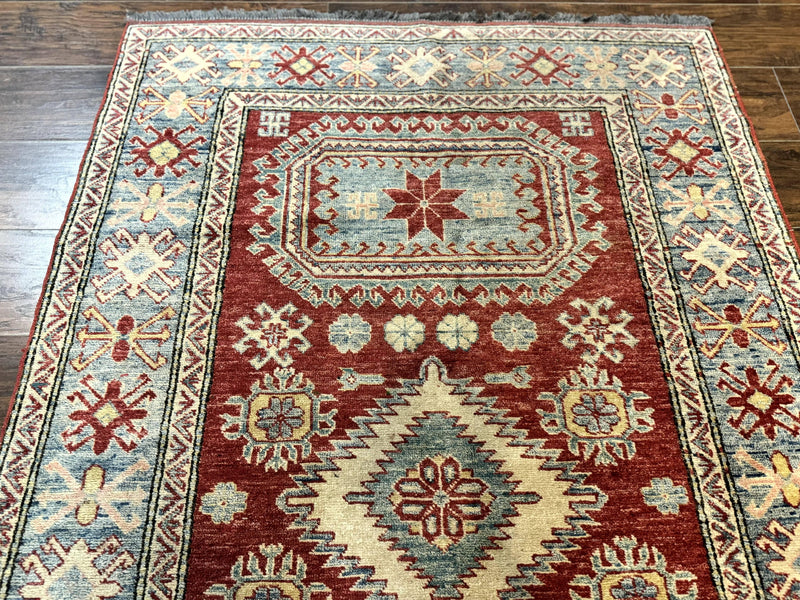 Turkish Kazak Rug 4x6, Handmade Vintage Wool Carpet, Geometric Design, Red and Light Blue by Jewel Rugs