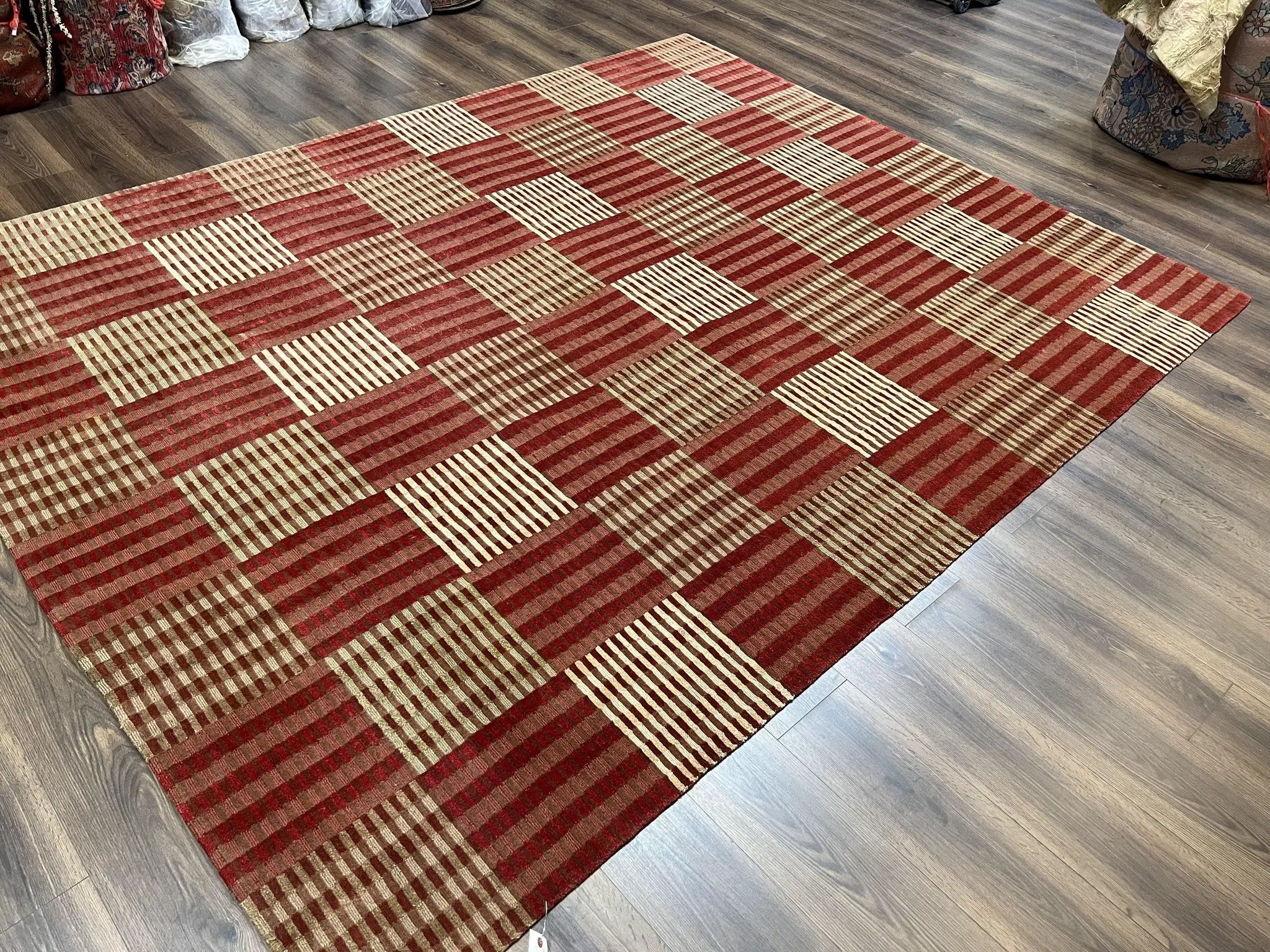 Modern Tibetan Rug 8x10, Hand Knotted Contemporary Nepali Carpet 8 x 10, Checkerboard Design, Red Cream Light Brown, Very Fine Wool & Silk by Jewel Rugs