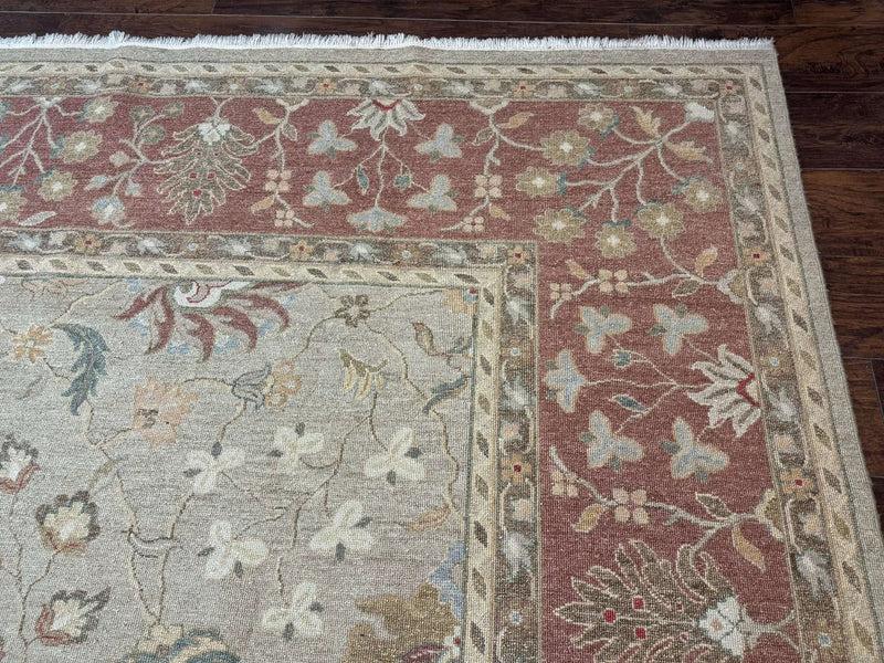 Large Turkish Soumak Rug 10x14, Flatweave Dhurrie, Handmade, Light Green and Salmon by Jewel Rugs