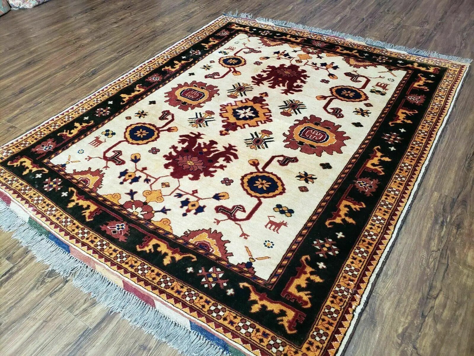 5' X 6' Vintage Handmade Knotted Turkish Kazak Pattern Wool Rug Bohemian Boho Interior Design by Jewel Rugs