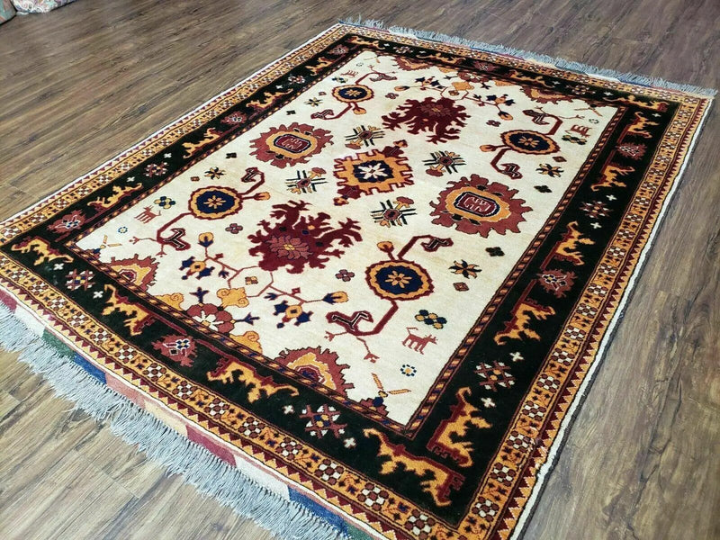 5' X 6' Vintage Handmade Knotted Turkish Kazak Pattern Wool Rug Bohemian Boho Interior Design by Jewel Rugs