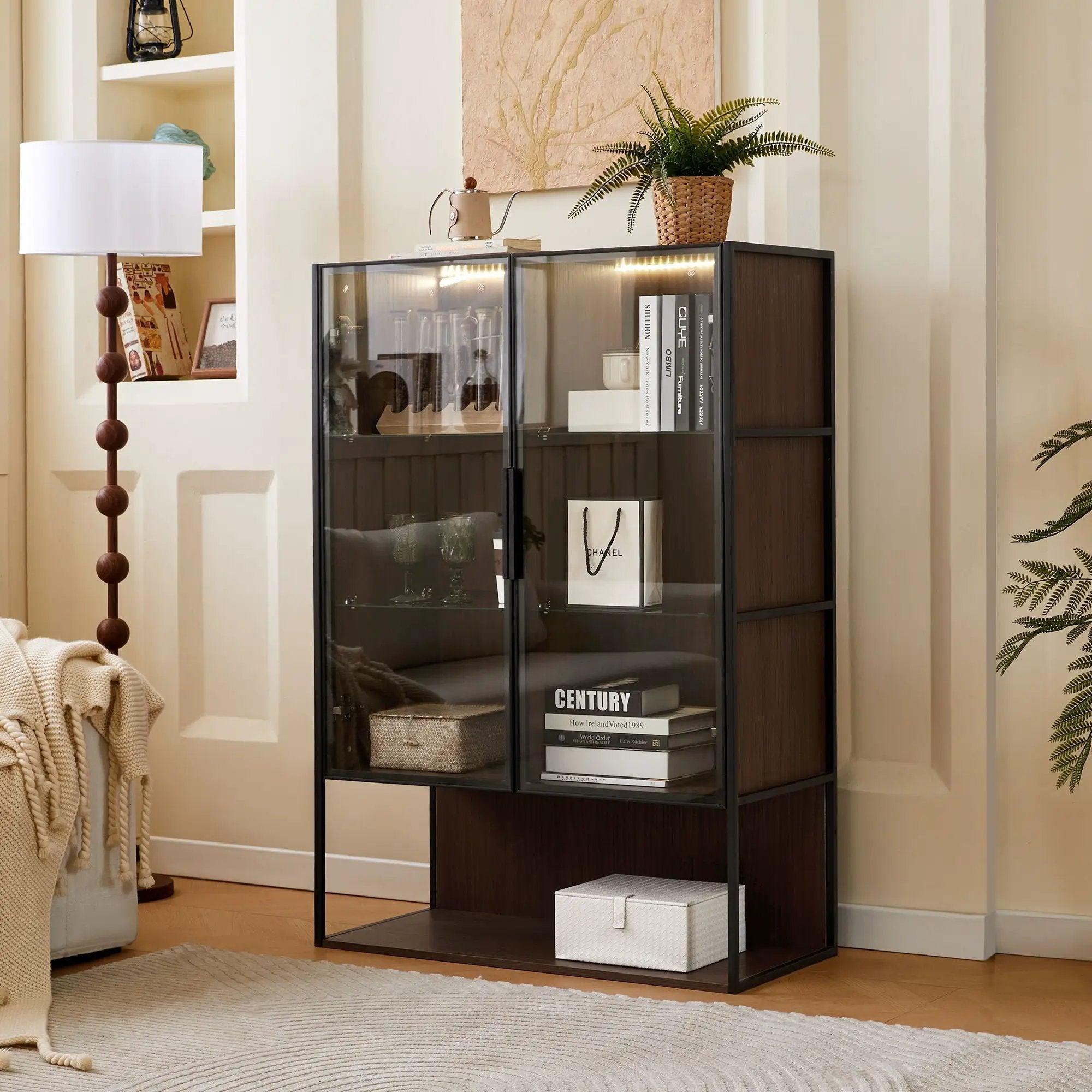 Modern Minimalist Tall Lighted Display Cabinet With Tempered Glass Door - Black / Dark Walnut by Unique Piece Furniture