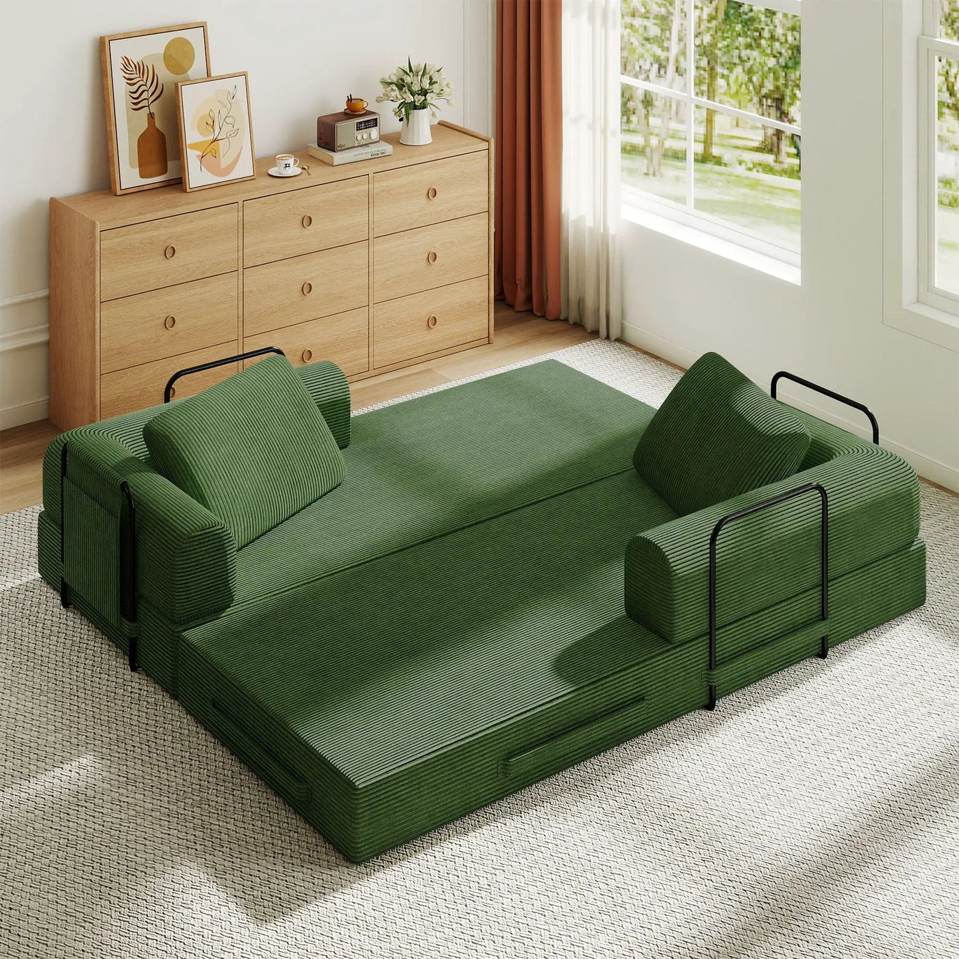 Convertible Sleeper Sofa Bed With Cylindrical Pillow, Fixed Shape Frame by Unique Piece Furniture