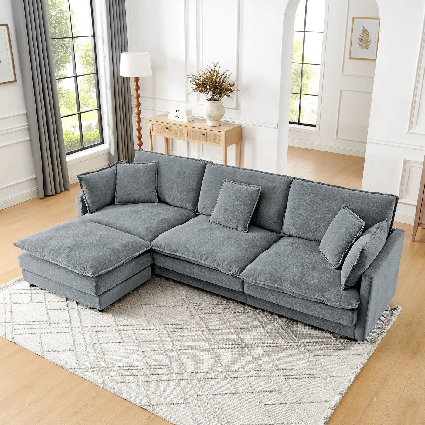 L-Shaped Sectional Sofa With Ottoman, Convertible 4 Seater Couch by Unique Piece Furniture