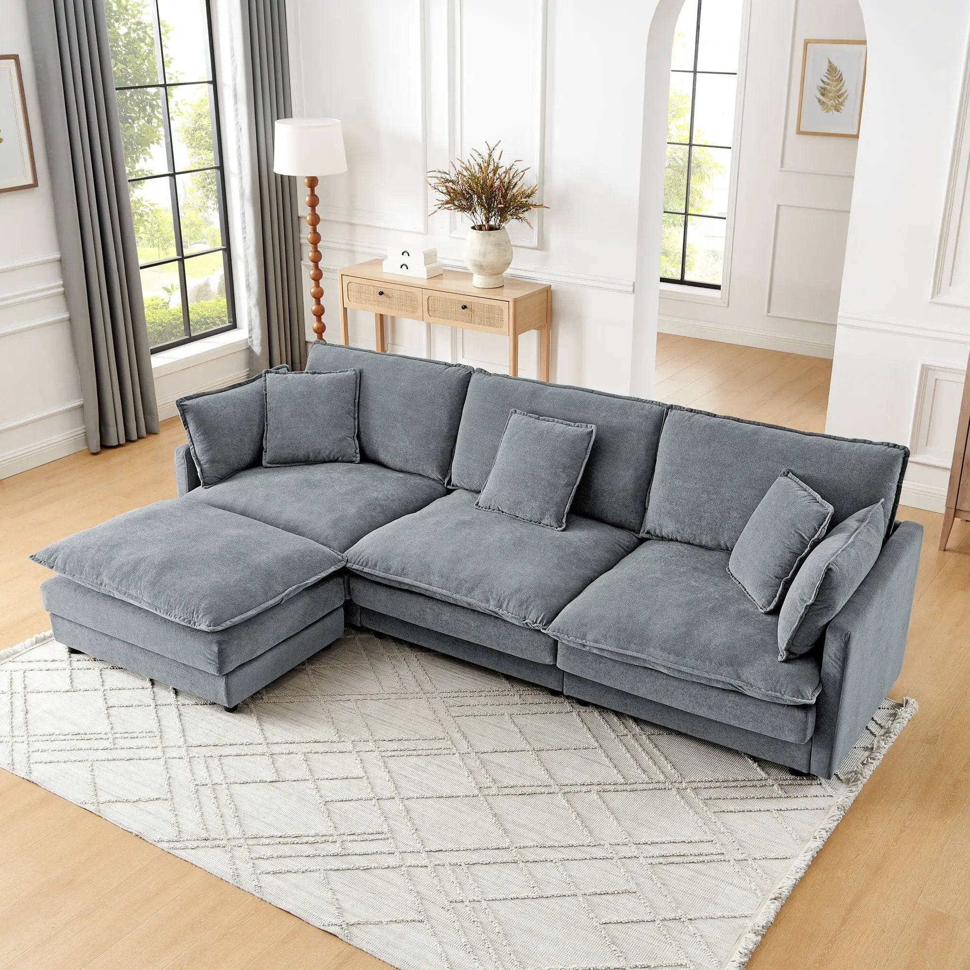 L-Shaped Sectional Sofa With Ottoman, Convertible 4 Seater Couch by Unique Piece Furniture
