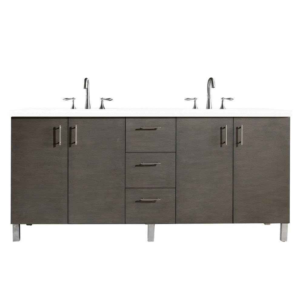 James Martin Metropolitan 72" Dual Mount Double Bathroom Vanity, Silver Oak with White Zeus countertop