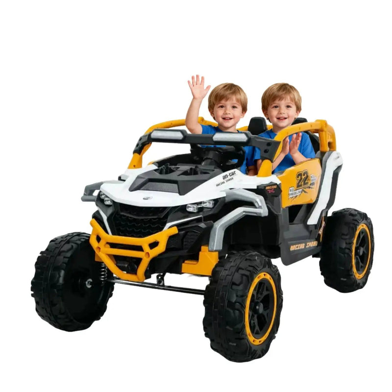 Ride On Models 12V Kids Electric Truck With Remote Control, Front & Rear Suspension, 2 Seater UTV, Flashlights, Music Player - Yellow / White by HouseOfZazla