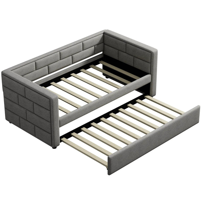 Upholstered Twin Size Daybed With Trundle, Padded Back And Sides - Gray by Unique Piece Furniture