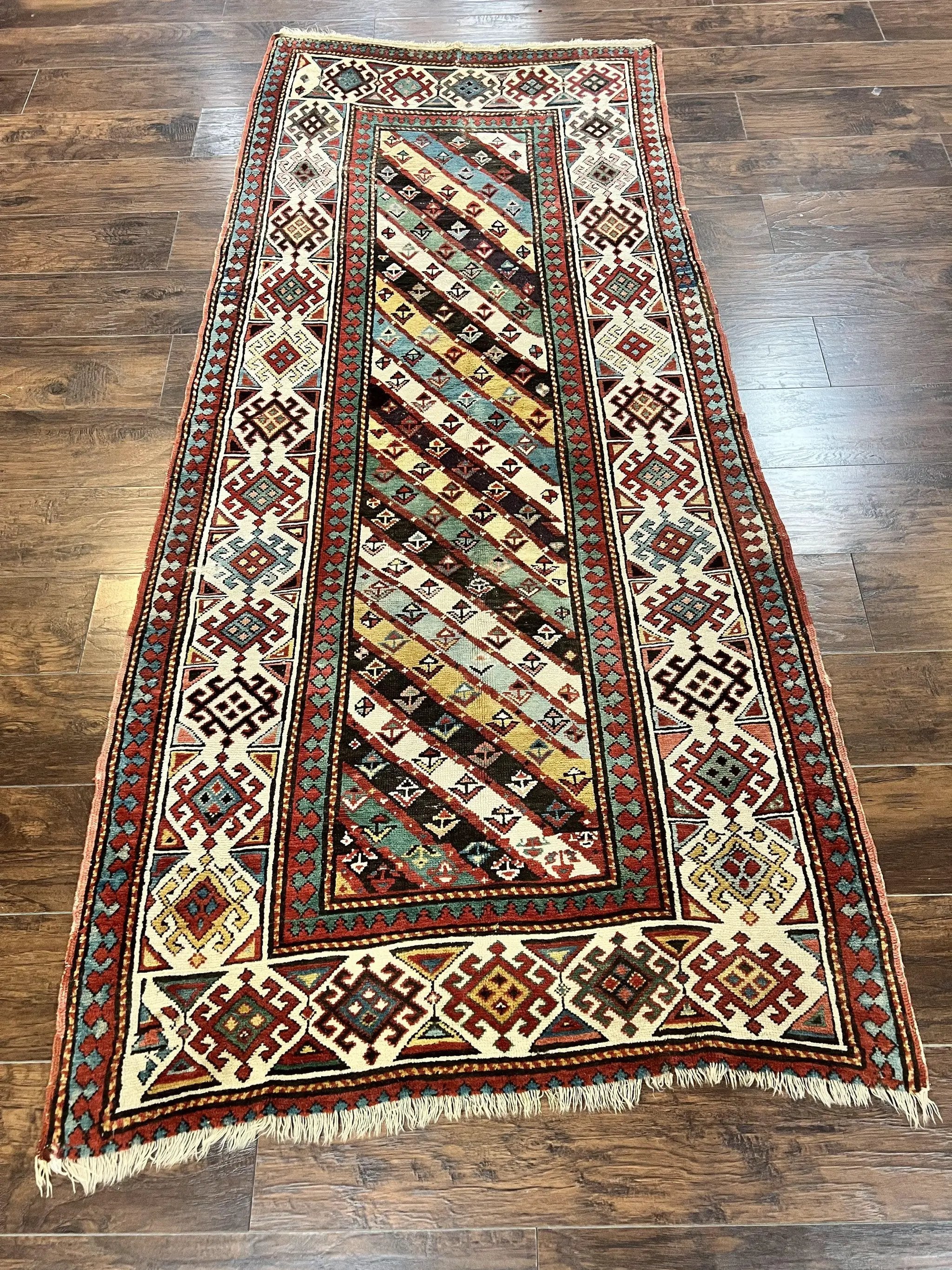 Caucasian Kazak Runner Rug 3.6 x 8, Wool Hand Knotted Antique 1880s Carpet, Ivory & Multicolor Stripes Oriental Runner Rug, Hallway Rug by Jewel Rugs