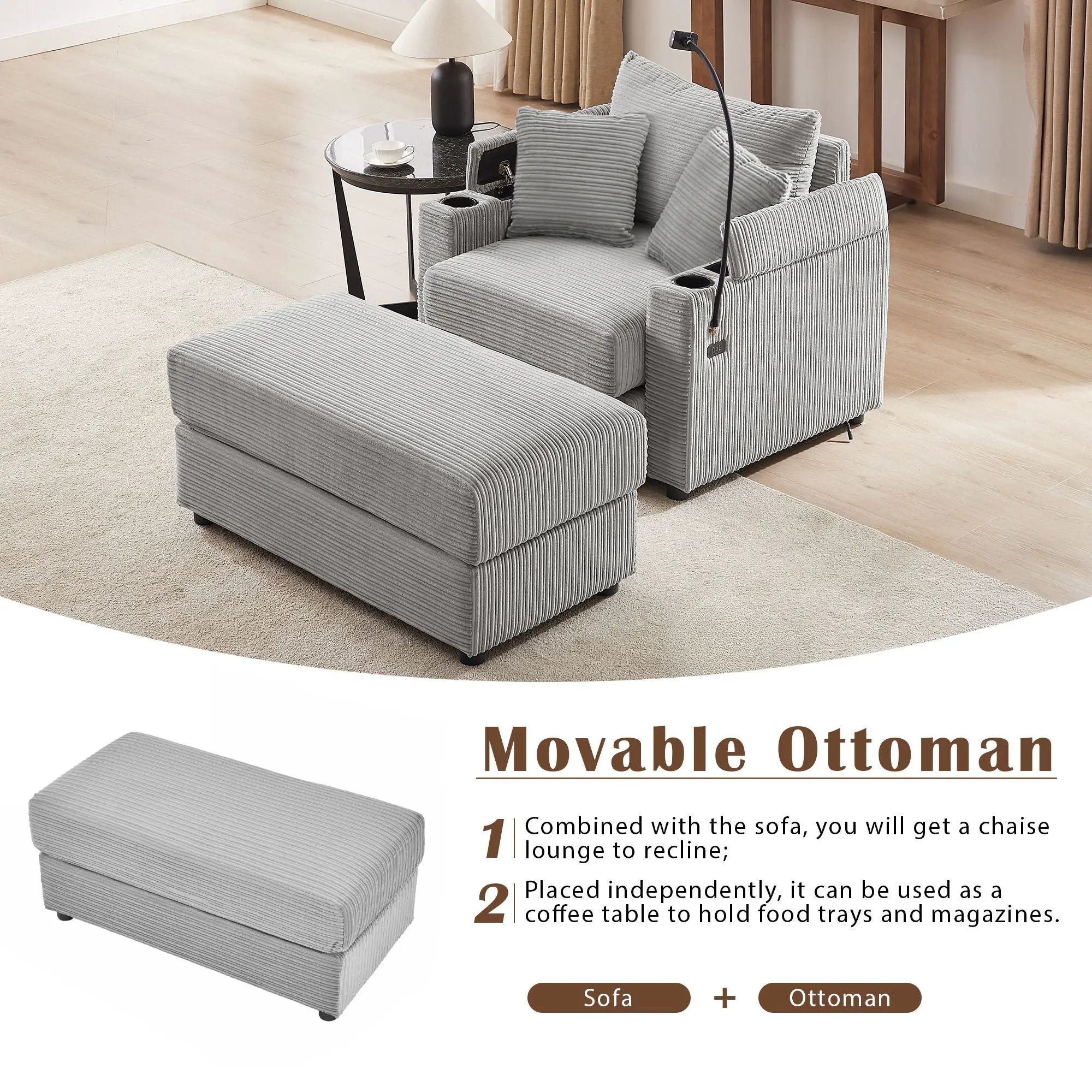 Modern Style Loveseat Sofa Sectional Sofa Couch With Storage Space, A Movable Ottoman, Two USB Ports, Two Cup Holders, A Phone Holder For Living Room by HouseOfZazla
