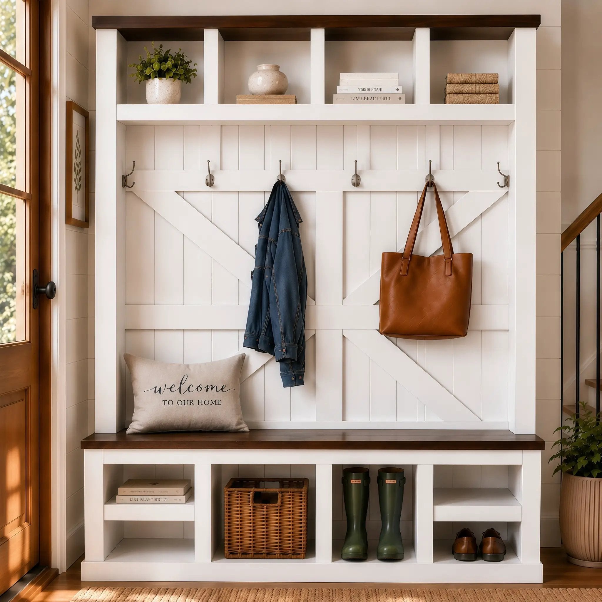 Farmhouse Hall Tree with Bench and Shoe Storage by HouseOfZazla