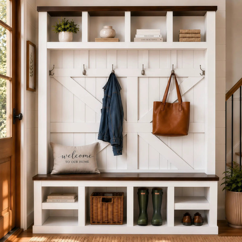 Farmhouse Hall Tree with Bench and Shoe Storage by HouseOfZazla