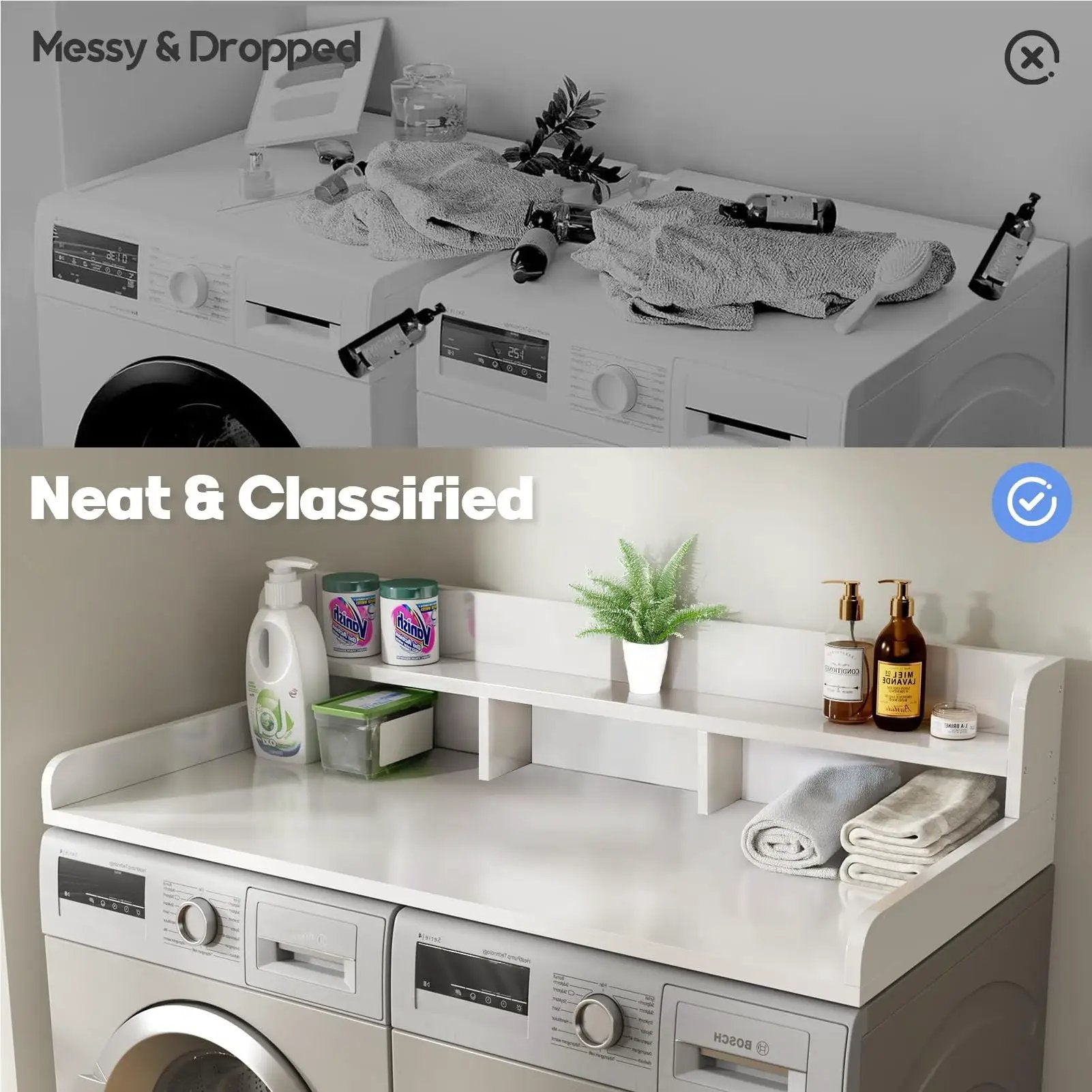 Washer Dryer Countertop Organizer, Double Layer Wooden Laundry Shelf Topper With Edge For Storage - White by HouseOfZazla