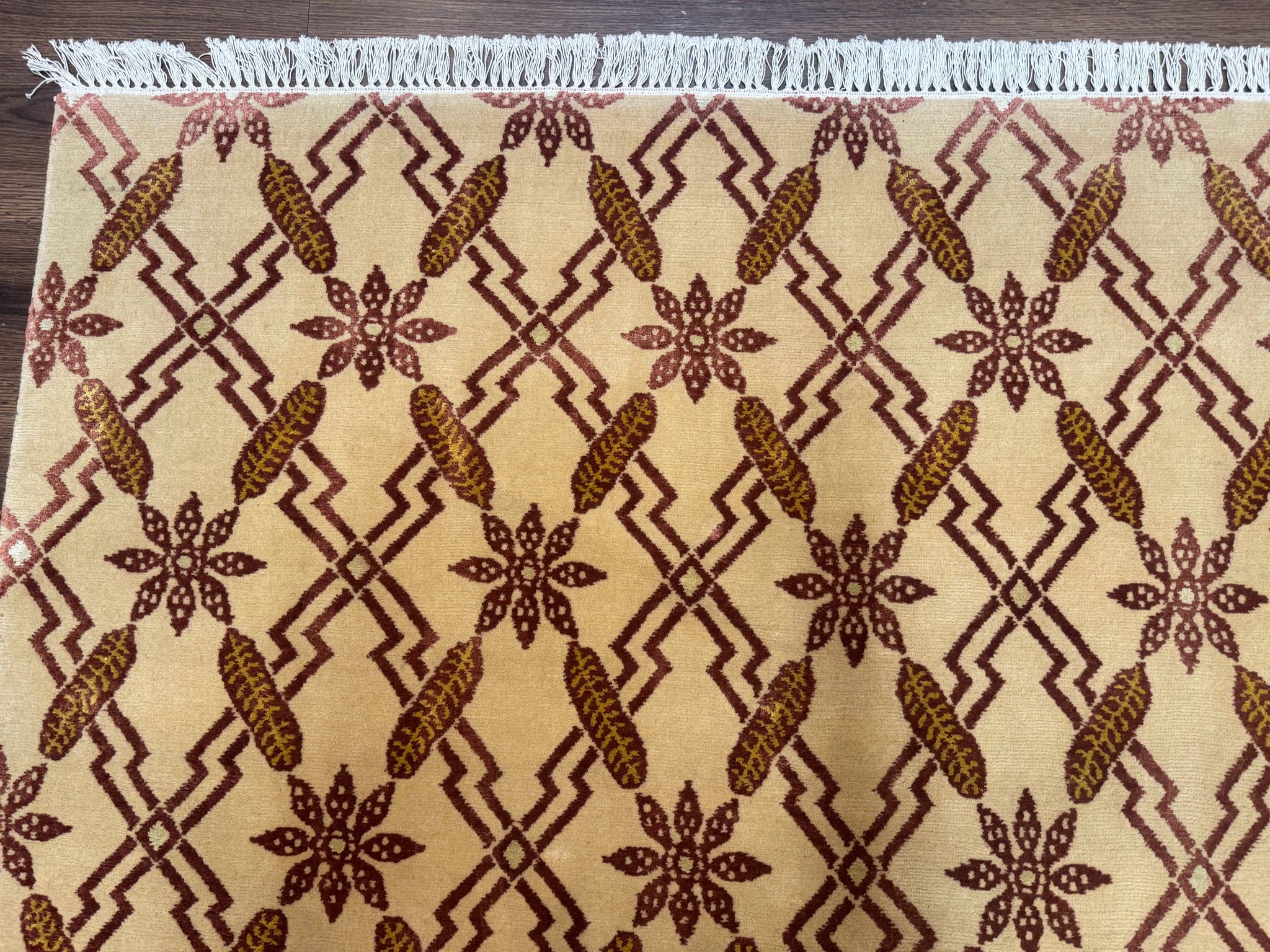Tibetan Rug 8x10, Wool with Silk Highlights, Beige and Maroon, Contemporary Carpet by Jewel Rugs
