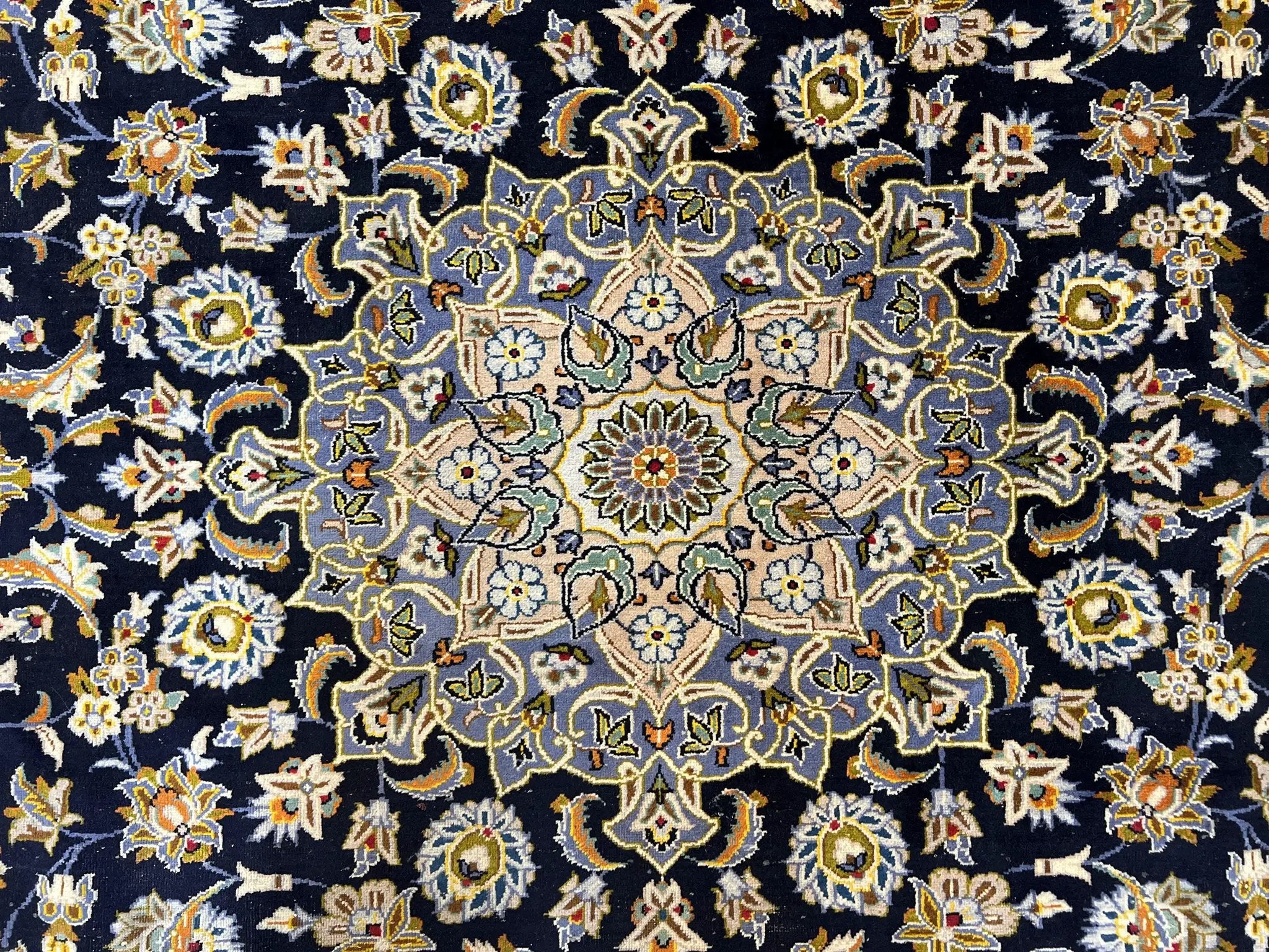 Wonderful Navy Blue Persian Kashan Rug 11x13, Allover Floral Design with Central Medallion, Wool Hand-Knotted Antique Carpet, Signed Rabani Rug by Jewel Rugs