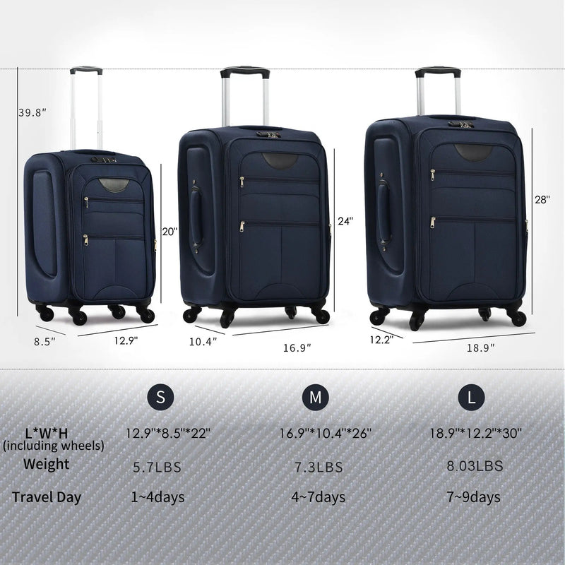 Softside Luggage Expandable 3 Piece Set Suitcase Upright Spinner Softshell Lightweight Luggage Travel Set - Dark Blue by HouseOfZazla