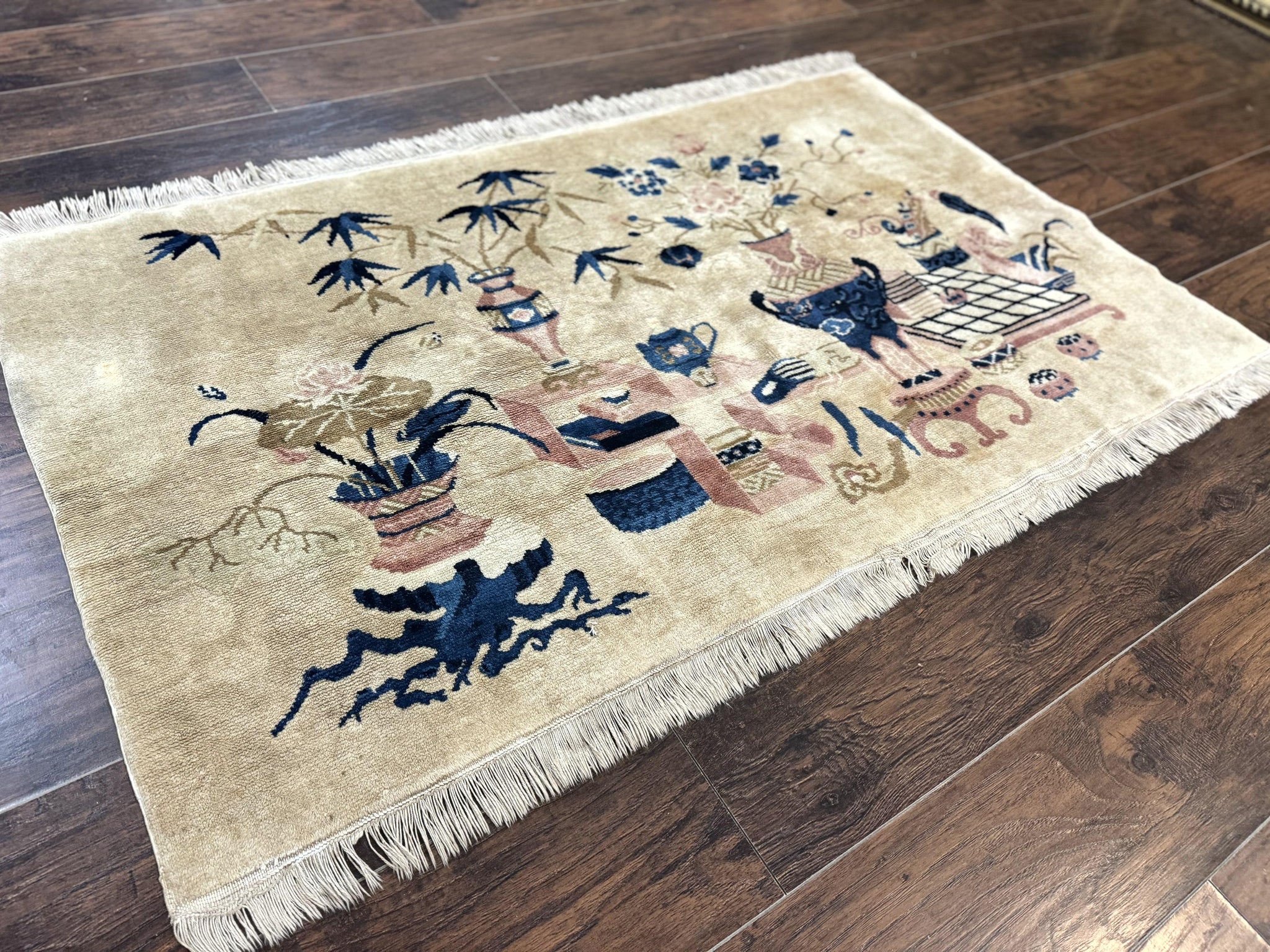 Chinese Rug 5x3, Horizontal Rug, Vases Flowers, Handmade Antique Vintage Carpet, Peking Rug, Chinese Wool Rug by Jewel Rugs