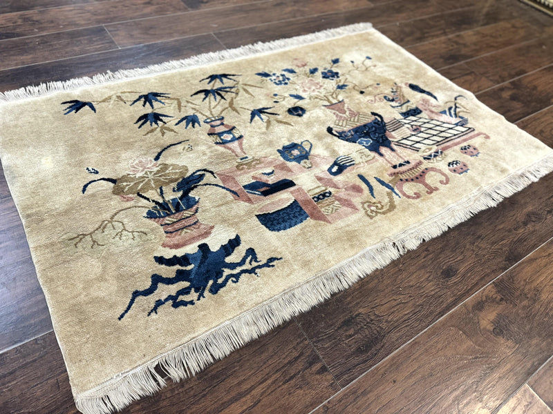 Chinese Rug 5x3, Horizontal Rug, Vases Flowers, Handmade Antique Vintage Carpet, Peking Rug, Chinese Wool Rug by Jewel Rugs