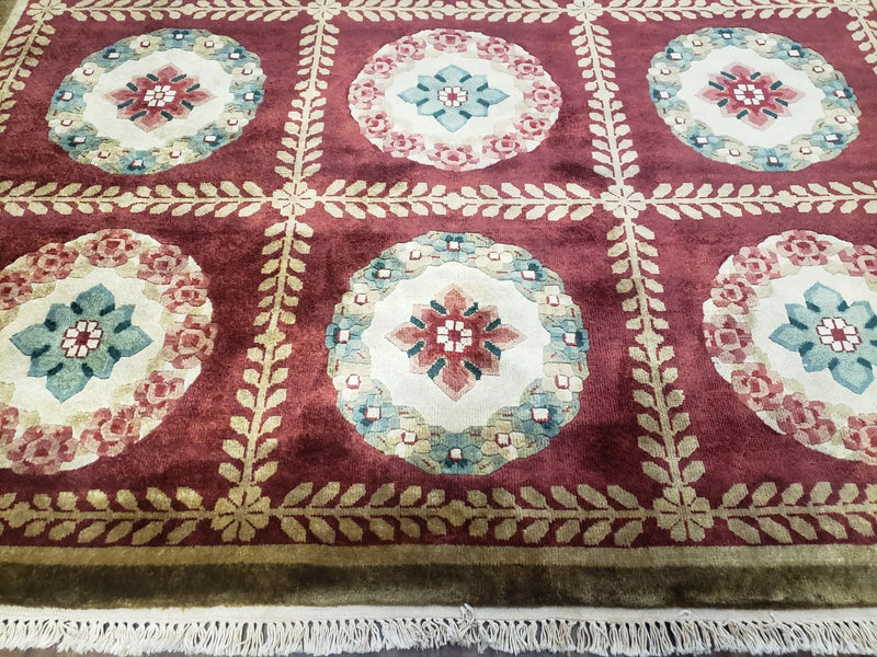 Nepalese Aubusson Panel Rug 6x9, Red & Ivory Soft Plush Tibetan Pile Rug, Wool Hand-Knotted Carpet, 6 x 9 Elegant Area Rug, Office Room Rug by Jewel Rugs