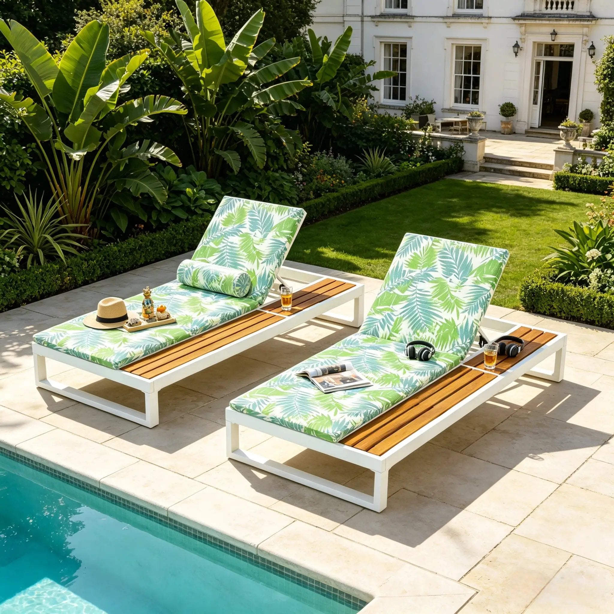 White Iron & Teak Finish Chaise Lounge Set by HouseOfZazla