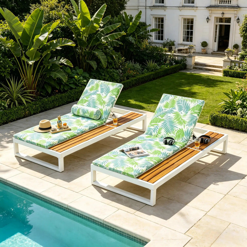 White Iron & Teak Finish Chaise Lounge Set by HouseOfZazla