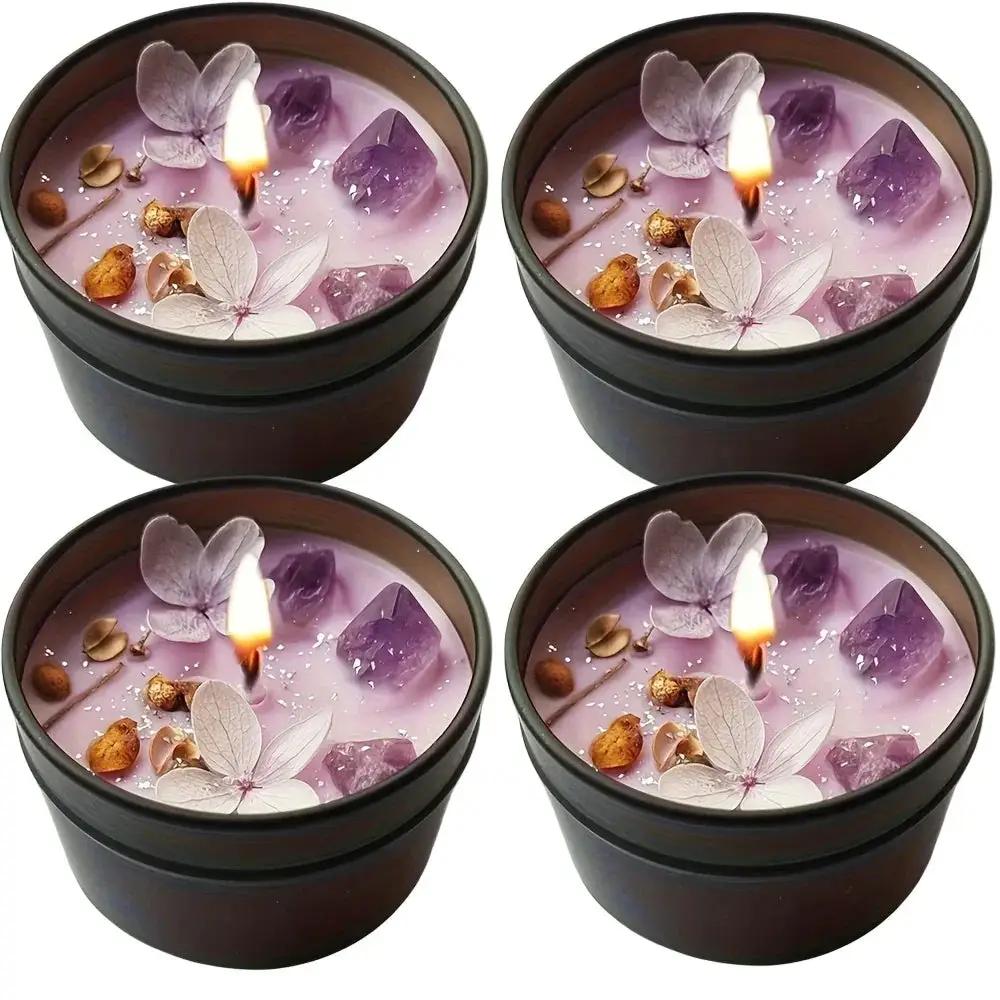 [Aesthetic Lavender Candle] 4pcs Lavender Candle - Aesthetic Fragrance, Cute Purple Embedded Crystal & Petals, Novelty Medium Home Kitchen Decoration - Soft Lavender Fragrance, Soy Wax, Women's Luxury Gift, Creativity/Candle by House Of Avana