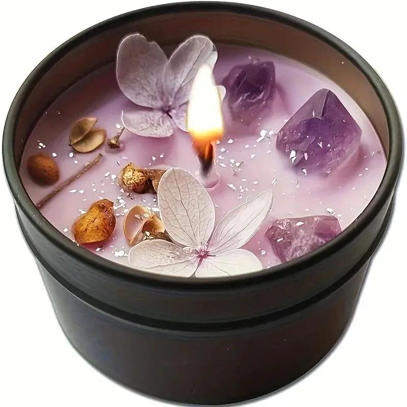 [Aesthetic Lavender Candle] 4pcs Lavender Candle - Aesthetic Fragrance, Cute Purple Embedded Crystal & Petals, Novelty Medium Home Kitchen Decoration - Soft Lavender Fragrance, Soy Wax, Women's Luxury Gift, Creativity/Candle by House Of Avana