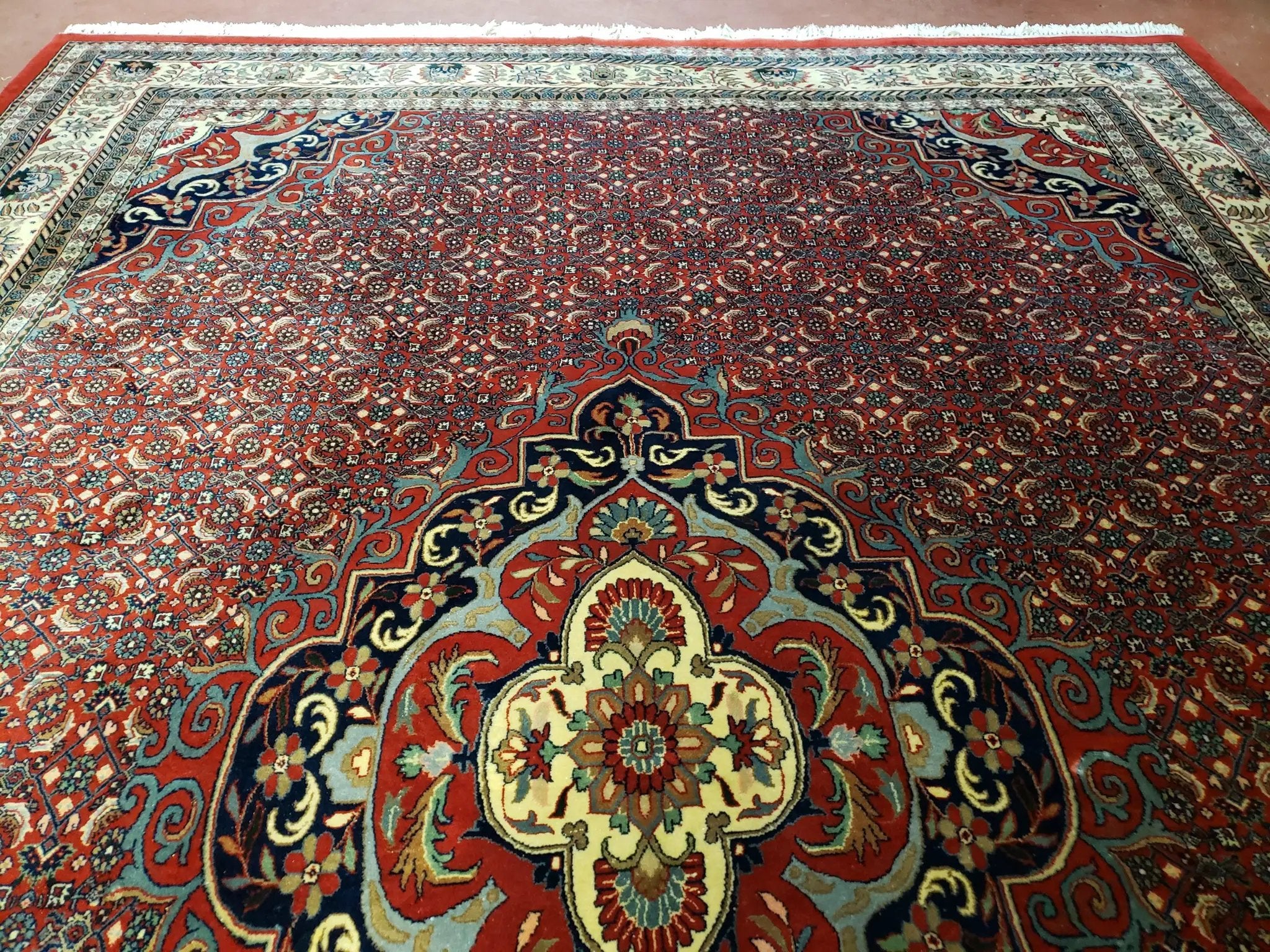 Indian Rug 9x12 Red Indo Bidjar Rug 9x12 Vintage Rug Allover Pattern Medallion Rug Wool Rug Nice Persian Design by Jewel Rugs
