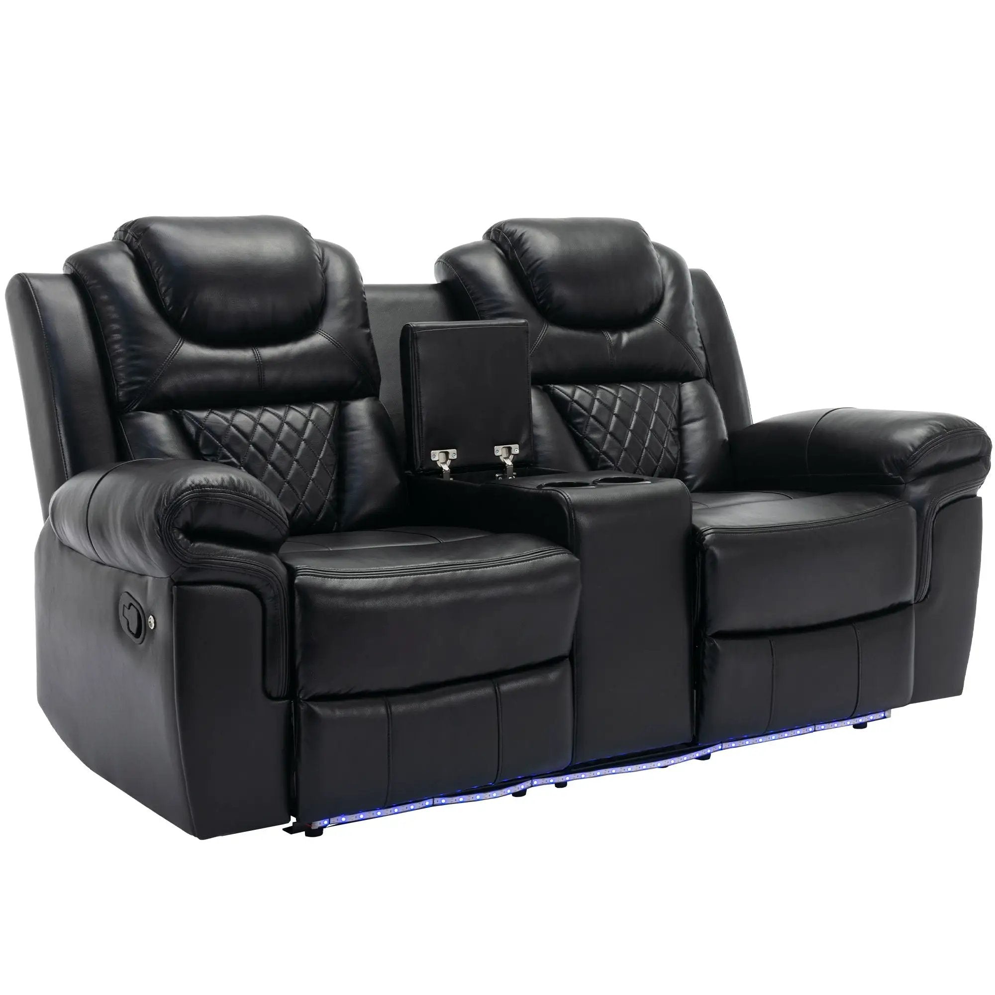 Home Theater Seating Manual Recliner Loveseat With Hide-Away Storage, Cup Holders And Led Light Strip For Living Room by Unique Piece Furniture