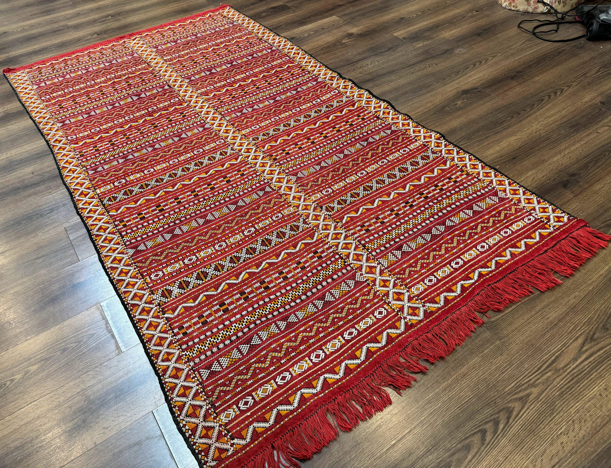 Moroccan Kilim Rug 4x8, Flatweave, Bohemian, Red Ivory Orange by Jewel Rugs