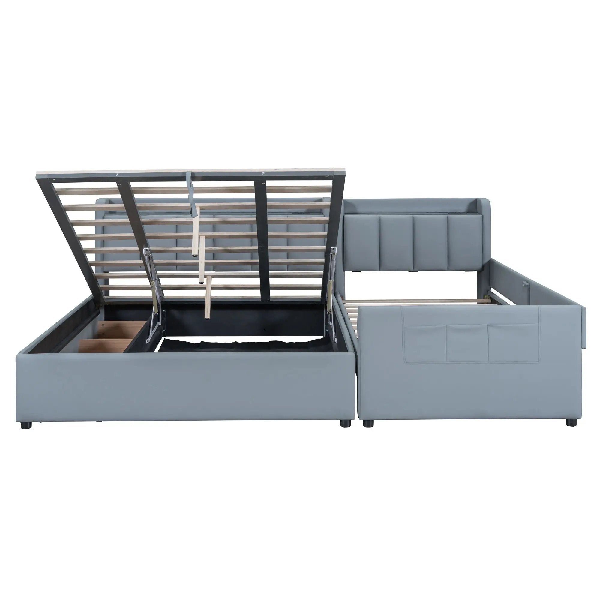 Upholstered Mother & Child Bed With Hydraulic Storage System, Drawer Box, Bedhead Storage Shelf And 2 Pairs Of Sockets & USB Ports by Unique Piece Furniture