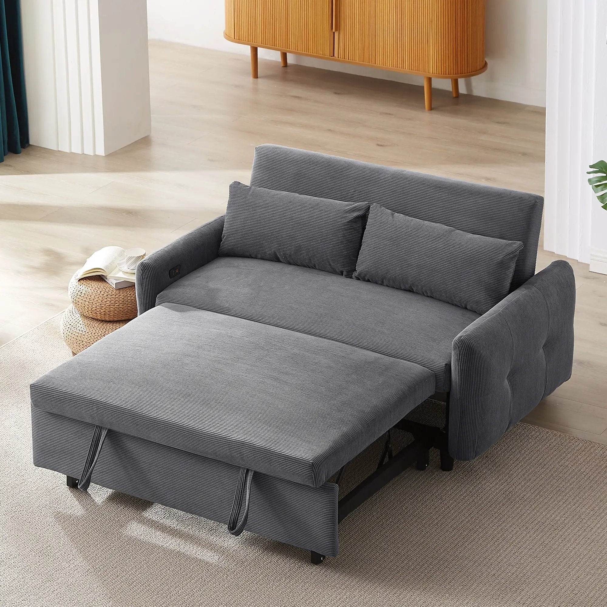 Pull-Out 2 Seat Modern Sleeper Sofa With 2 Throw Pillows And USB Ports by HouseOfZazla