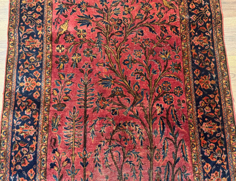Antique Persian Tree of Life Rug 3x5, Manchester Wool, Bird Pictorials, Fine 240 KPSI, Red Navy Blue by Jewel Rugs