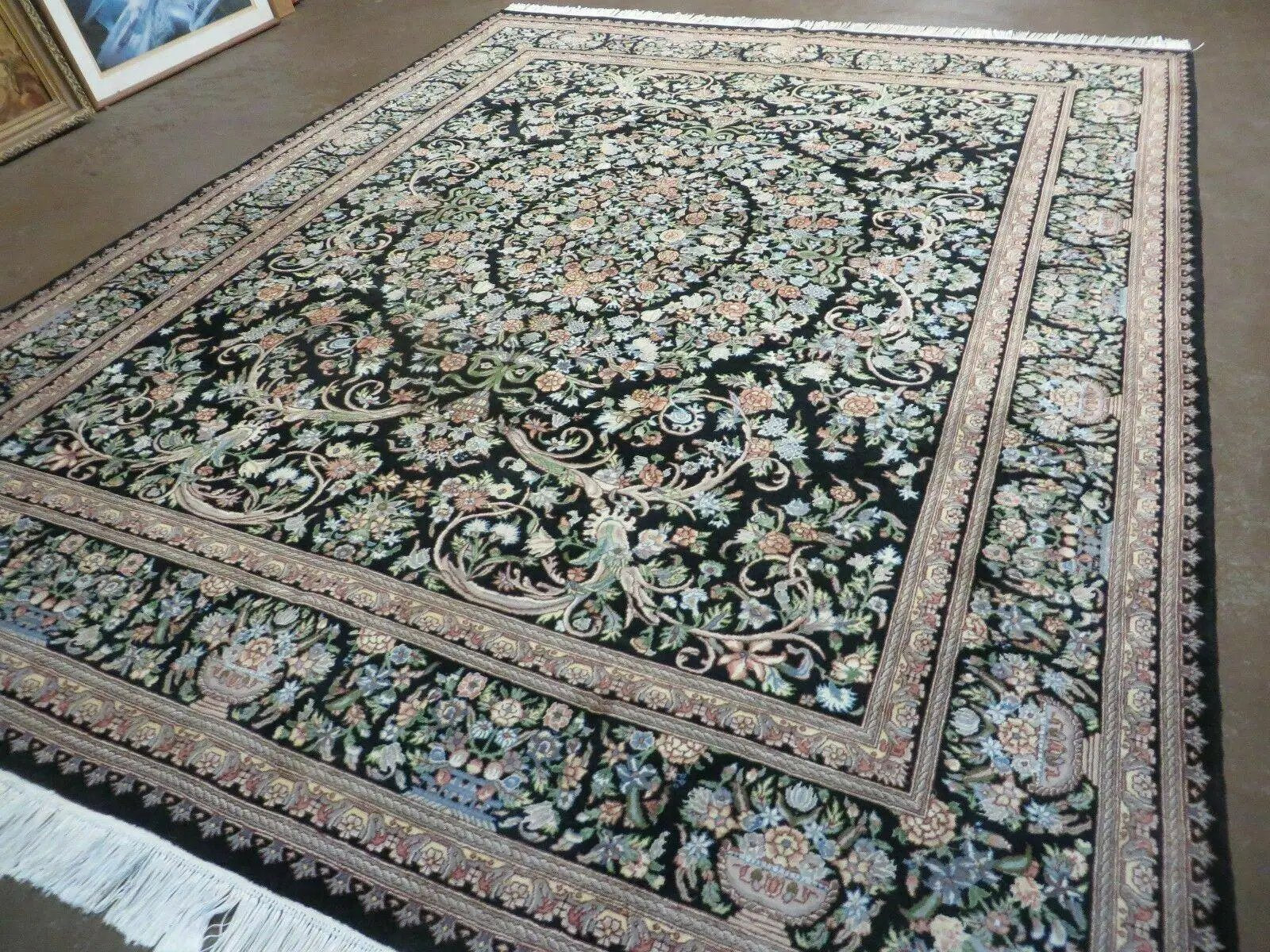 8' X 10' Vintage Handmade Pakistani Floral Wool Rug Black Nice by Jewel Rugs