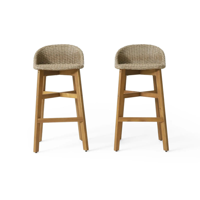 Beeson Outdoor Wicker and Acacia Wood Barstools Set, Water Resistant - Brown by HouseOfZazla