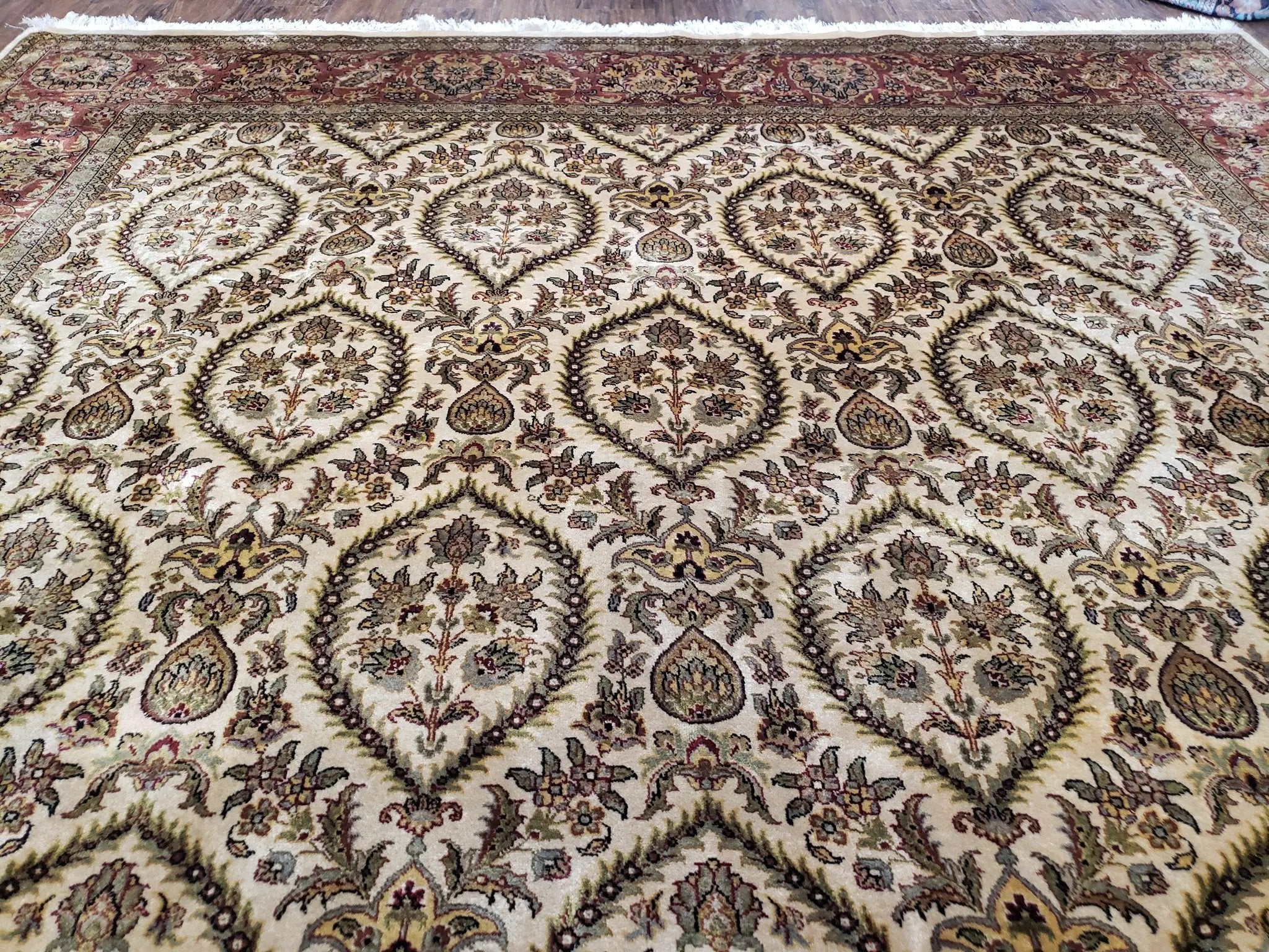 Vintage Indo Persian Area Rug 9x12, Wool Hand-Knotted Ivory & Dark Red Oriental Carpet, Fine Weave 9 x 12 Indian Rug, Dining Room Rug by Jewel Rugs
