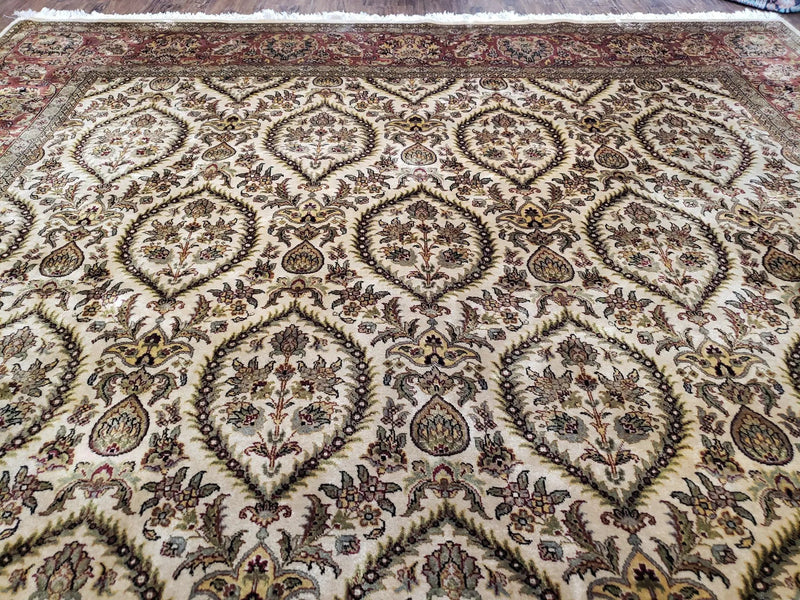 Vintage Indo Persian Area Rug 9x12, Wool Hand-Knotted Ivory & Dark Red Oriental Carpet, Fine Weave 9 x 12 Indian Rug, Dining Room Rug by Jewel Rugs