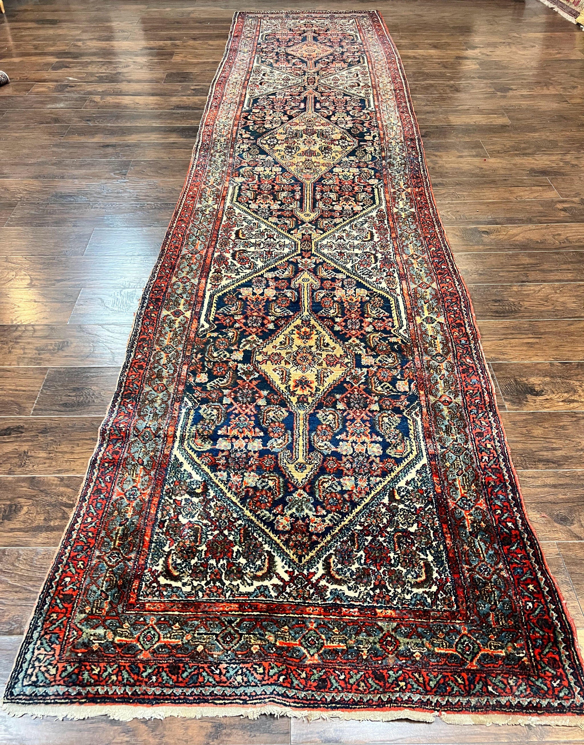 Antique Persian Runner Rug 3.7 x 15.8, Navy Blue Multicolor, Hand Knotted Handmade Wool Rug for Hallway, Geometric Medallions, Persian Hamadan Rug by Jewel Rugs