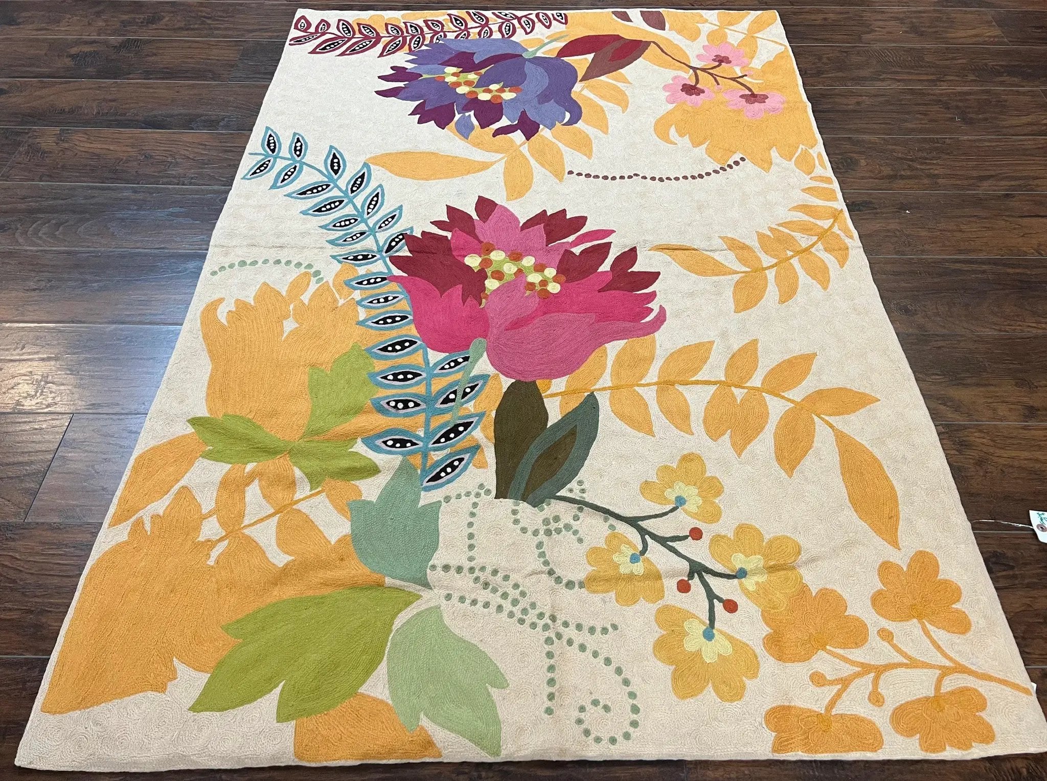 Indian Chain Stitched Rug 4x6, Hand Stitched Indian Embroidery Carpet, Large Floral Design, Contemporary, Cream and Colorful Flowers, Wool by Jewel Rugs