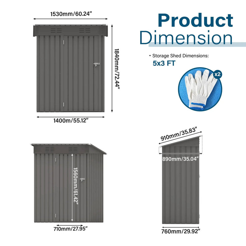 5 X 3 Ft Durable Metal Shed Outdoor Storage Shed With Pitched Roof And Lockable Door - Gray by HouseOfZazla