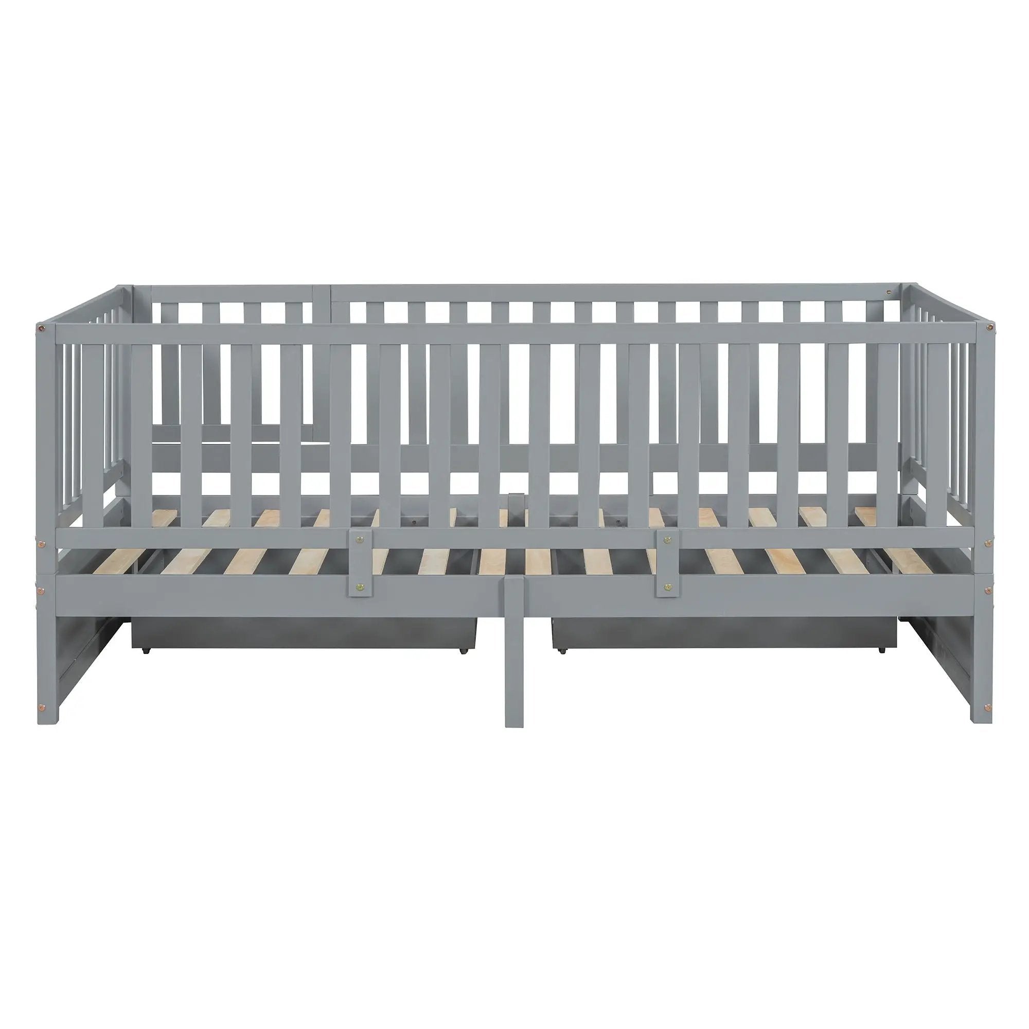 Daybed With Fence Guardrails And 2 Drawers, Split Into Independent Floor Bed & Daybed by HouseOfZazla