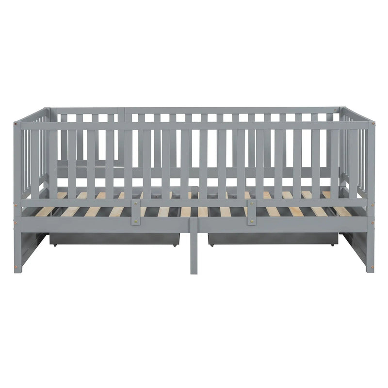 Daybed With Fence Guardrails And 2 Drawers, Split Into Independent Floor Bed & Daybed by HouseOfZazla