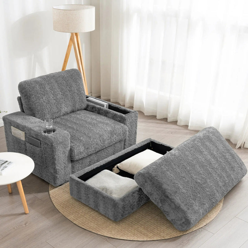 Oversized Chaise Lounge Indoor Rabbit Fur Sofa Bed With Storage Ottoman And Armrests Cup Holders With Deep Seat by HouseOfZazla