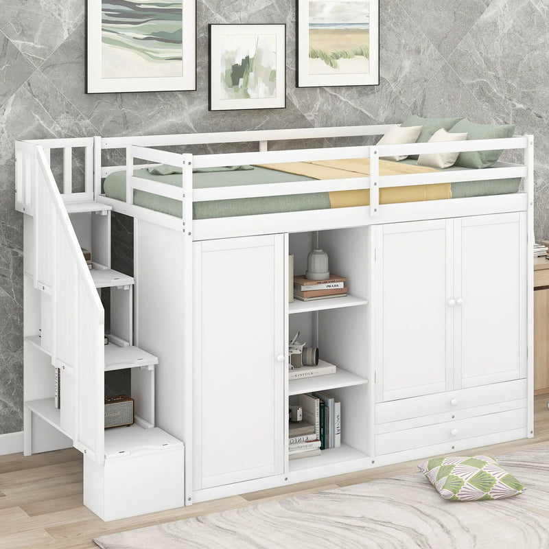 Loft Bed With 3 Shelves, 2 Wardrobes, 2 Drawers, Ladder Storage