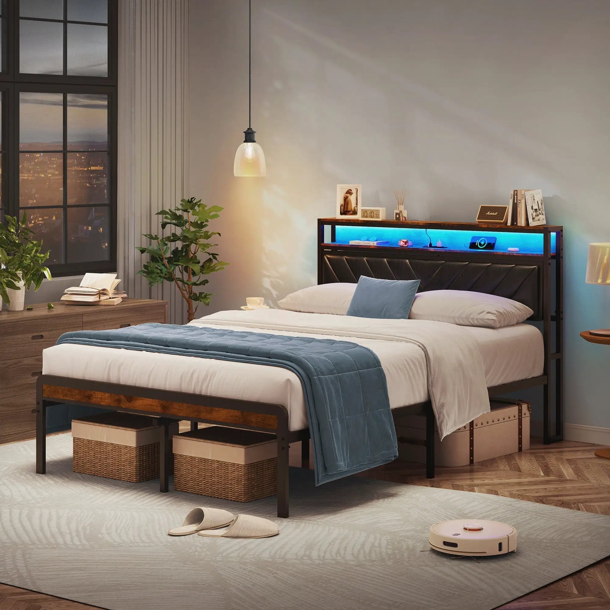 Full Size Metal Platform Bed Frame with Adjustable Upholstered Headboard by HouseOfZazla