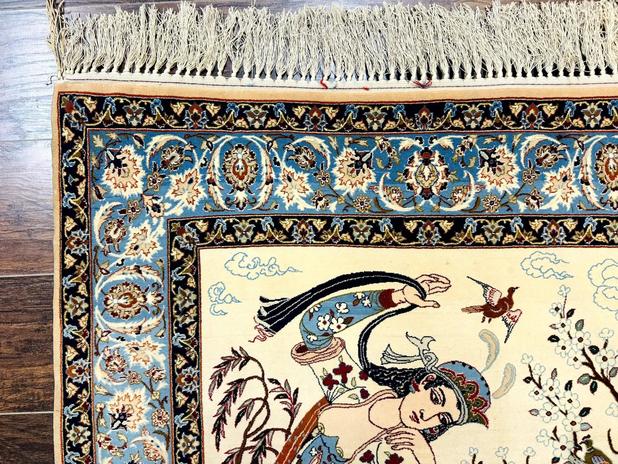 Persian Isfahan Pictorial Rug, Two Lovers, Kork Wool on Silk Foundation, Ivory and Light Blue, 500 KPSI Super Fine by Jewel Rugs