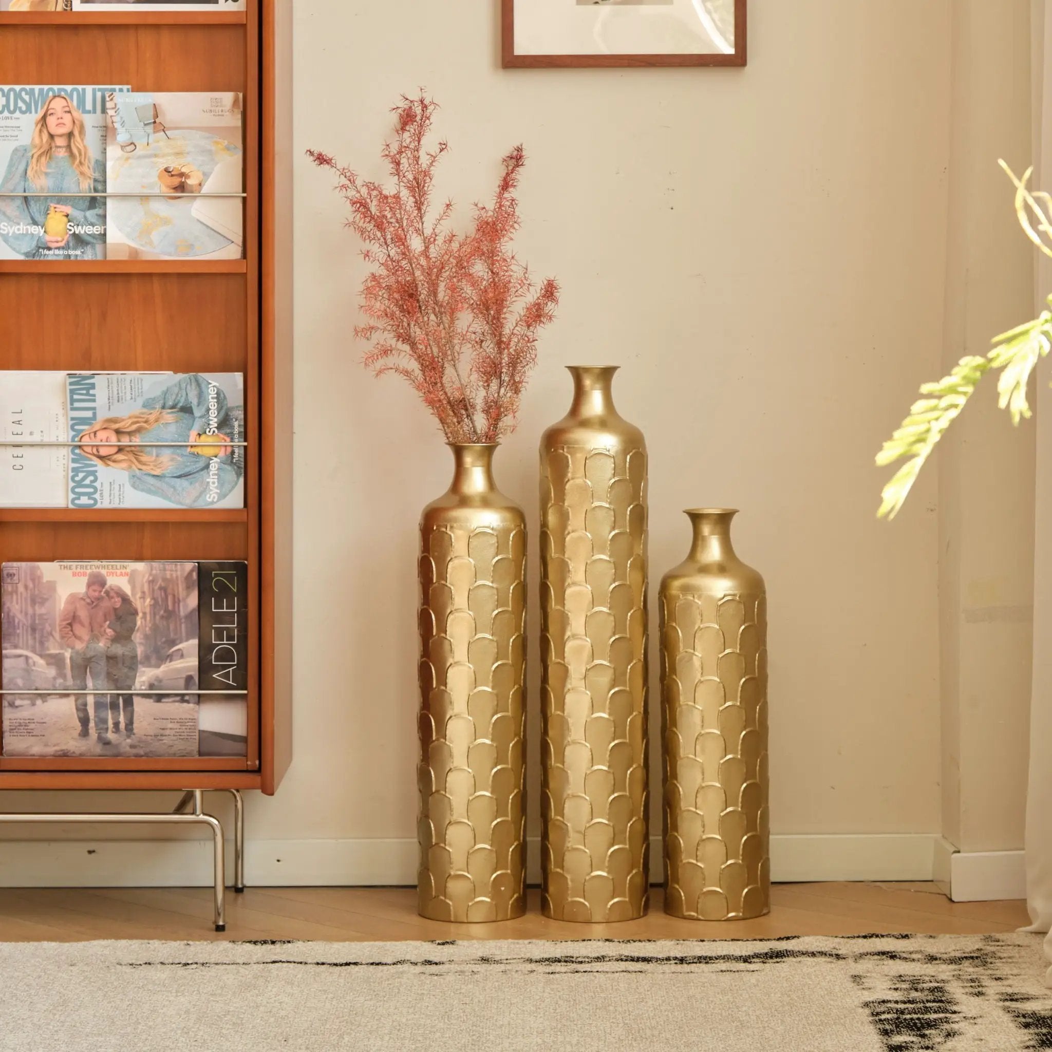 Floor Metal Vases Decorated White Metal Vases (Set of 3) Gorgeous Home Decoration Large Glazed Metal Vases - Golden by HouseOfZazla