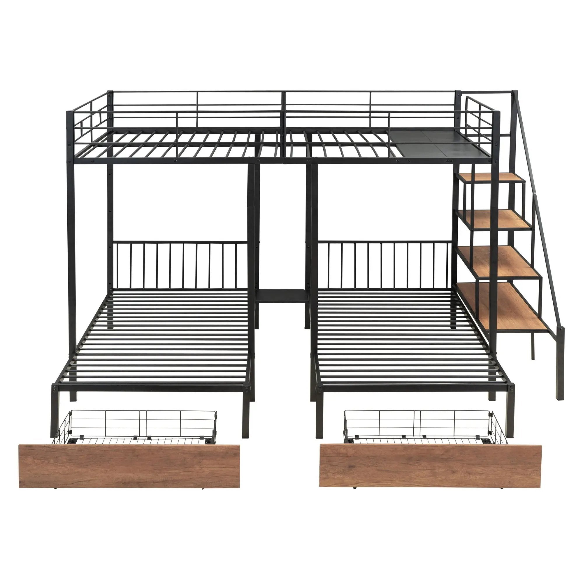 Full Over Twin-Twin Triple Bunk Bed With Drawers And Staircase - Black by HouseOfZazla