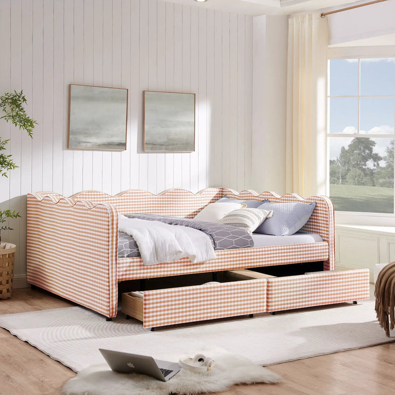 Gingham Daybed With USB Charging Port, Wave-Shaped Design by Unique Piece Furniture